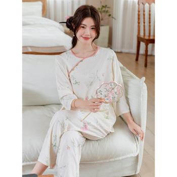 夏季中國風棉綢睡衣女薄款春秋新中式古風氣質長袖綿綢家居服套裝