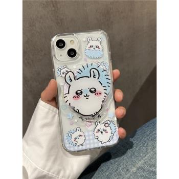 愛珀客適用於蘋果iPhone16promax手機殼卡通可愛小飛鼠磁吸支架13新款15iphone女12/14萌系藍格底紋軟邊硬殼