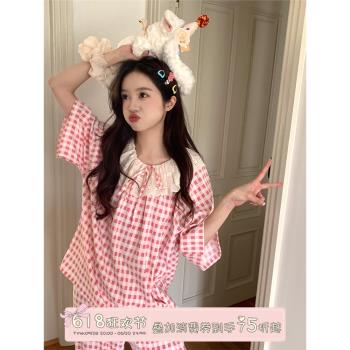 馨幫幫Homedress 甜美蕾絲娃娃領睡衣女款夏季休閑格子家居服套裝