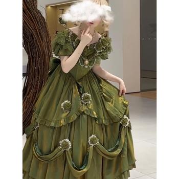 油畫綠花嫁晚禮服lolita連衣裙女洋裝洛麗塔重工拖尾蓬蓬公主裙