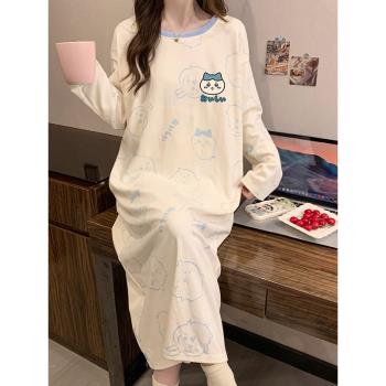 春秋冬季純棉長袖睡裙女腳踝長款條紋睡衣寬松外穿睡袍家居服全棉