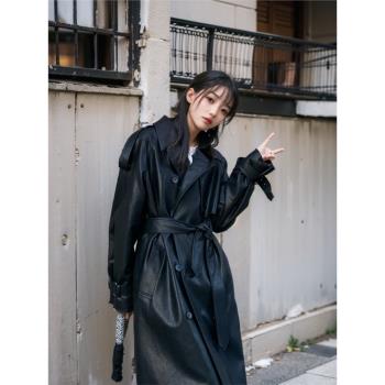 黑色長款皮衣外套女2025年春秋新款收腰長款pu皮大衣高階感皮風衣