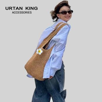 UR單肩斜挎大容量草編包女2025新款帆布袋海邊度假沙灘編織托特包