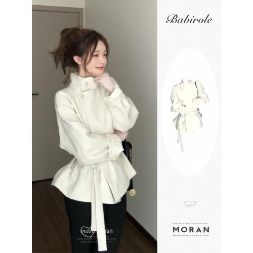 法式氣質高級感白色立領短款風衣大衣女秋收腰寬松英倫風廓形外套