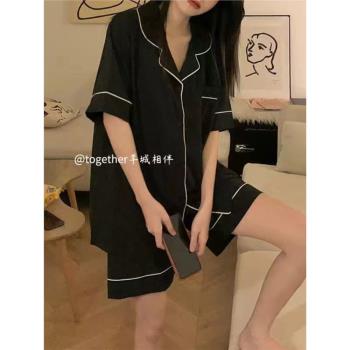 簡約INS風純棉睡衣女網紅純色短袖開衫夏季可外穿韓版學生家居服