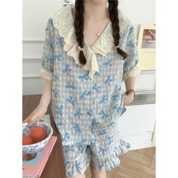 夏季新款睡衣女短袖可愛甜美公主風蕾絲花邊家居服兩件開衫套裝