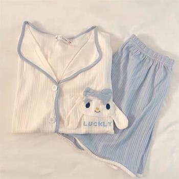 睡衣女夏純棉可愛少女學生開衫短袖短褲薄款ins風家居服兩件套裝