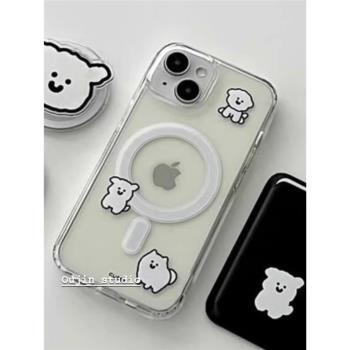 ins韓系可愛三隻小白狗狗卡通磁吸殼適用iphone16promax/15pro/14/蘋果13pro皮革卡包亞克力防摔手機保護套