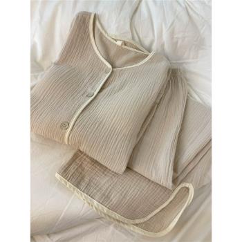 Sin Glee 少女小香風純色棉紗睡衣女秋款長袖長褲大碼家居服套裝