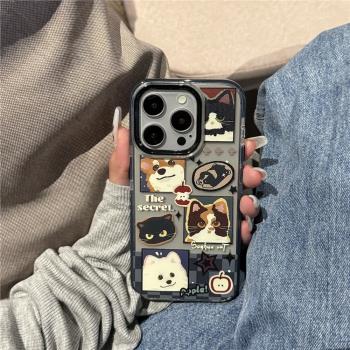 ins日韓趣味格子小狗適用蘋果16promax不會撞殼手機殼新款iPhone15pro亮黑色13透明14男女16全包防摔12情侶