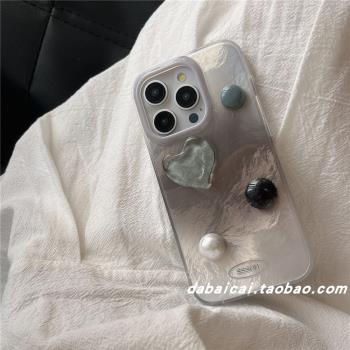 ins黑色暈染立體愛心寶石適用iphone15promax蘋果16手機殼13pm新款15pro少女12甜酷14個性全包防摔高階感小眾