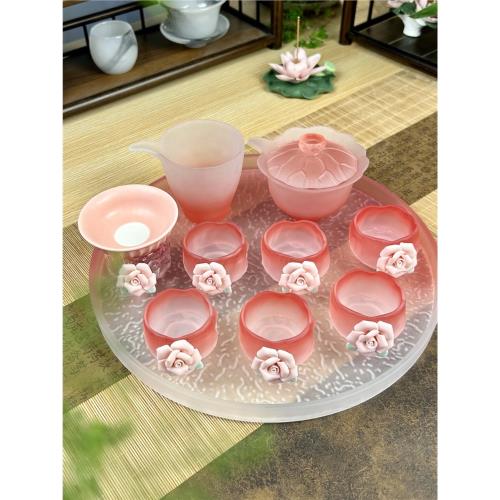 手工捏花仙女粉色玻璃蓋碗套裝冰露耐熱防燙茶具網紅款冰凍燒茶杯