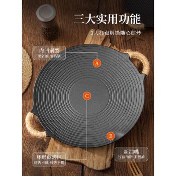 良物集市鑄鐵烤肉盤戶外專用鐵板燒烤盤家用無塗層不粘鍋雙耳烤盤