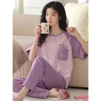 浪莎純棉睡衣女士夏季薄款短袖長褲女款大碼可外穿圓領家居服套裝