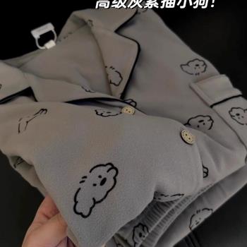 日系小狗情侶睡衣德絨高階感2024新款卡通保暖一男一女家居服套裝