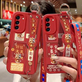 適用三星S21手機殼防摔Galaxy S21+小羊皮保護套蓋樂世S21Ultra祝福文字S21FE斜挎腕帶背帶掛繩蛇年好運新款