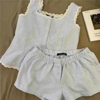ins條紋花邊領背心睡衣少女2025夏季新款大碼吊帶短褲家居服套裝