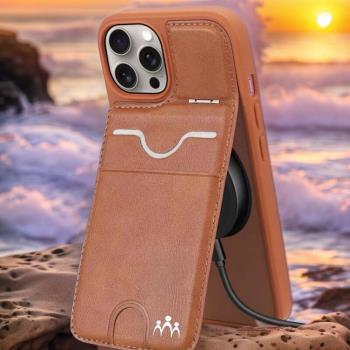 創意卡包支架適用iPhone15promax手機殼皮質蘋果14plus帶卡套ipone13pro插卡口袋max放卡片magsafe無線充電