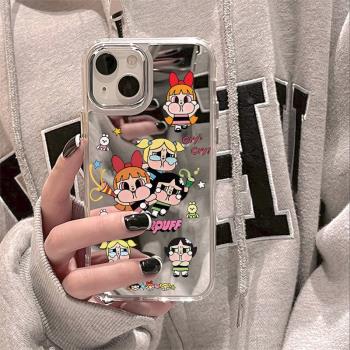ins風可愛日韓卡通飛天小女警16適用蘋果15Promax手機殼14鏡面iPhone13補妝鏡12保護套防摔xs男女11個性x超火