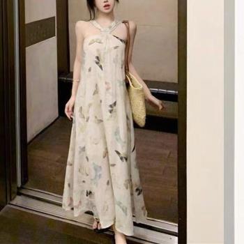 法式掛頸吊帶洋裝女夏季2025新款蝴蝶印花氣質垂感裙子性感長裙子