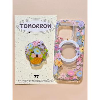 韓風ins圍邊彩色花朵磁吸支架適用蘋果16手機殼iPhone16promax新款15Pro全包15蘋果14防摔套14Pro蘋果13雙層