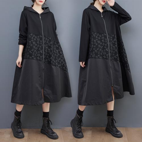 2026年秋季時尚提花不規則拼接連帽風衣寬松舒適百搭拉鏈顯瘦外套