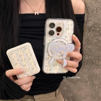小碎花蝴蝶結磁吸支架卡包適用蘋果iPhone15promax/14pro手機殼13pro/12矽膠xsmax創意XR/11PRO/765防摔8PLUS