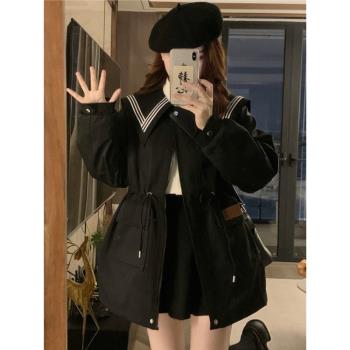 風衣外套女中長款2025春秋新款寬松大碼收腰顯瘦學院風娃娃領上衣