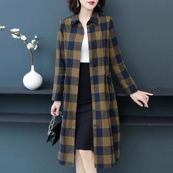格子寬松中長款風衣女春秋季新款韓版洋氣襯衫領過膝長袖打底外套