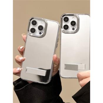 銀色電鍍全屏鏡面適用iphone16手機殼15proMAX補化妝鏡子14plus金屬折疊支架蘋果13創意個性保護套12簡約潮女
