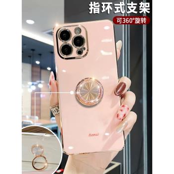 圓指環適用蘋果14手機殼新款女生13promax矽膠保護套iPhone11時尚奢華XSmax立體水鉆6plus高階感支架電鍍軟殼