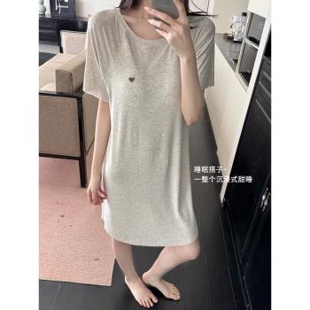 愛心刺繡帶胸墊睡裙女夏新款短袖彈力顯瘦家居服睡衣中長裙可外穿
