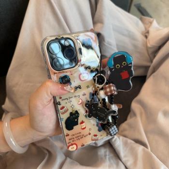 日韓可愛暈染蝴蝶結黑貓支架鏈條掛件iPhone16promax手機殼蘋果15新款14promax超仙女款13小眾防摔16保護套