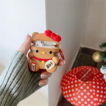 可愛招財kt貓矽膠適用airpods4保護套蘋果耳機保護殼airpodspro2無線藍牙耳機套ipod盒二三代airpods3耳機殼