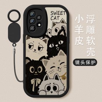 適用三星a54手機殼保護套a53堆疊貓咪新款a55小羊皮全包防摔5G矽膠軟殼女款a52卡通創意掛繩galaxy高階感外殼