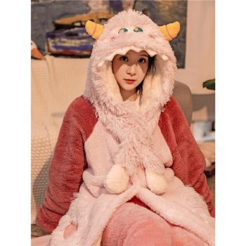 情侶睡衣冬季女珊瑚絨怪獸加厚睡袍女長款果殼可外穿家居服連帽