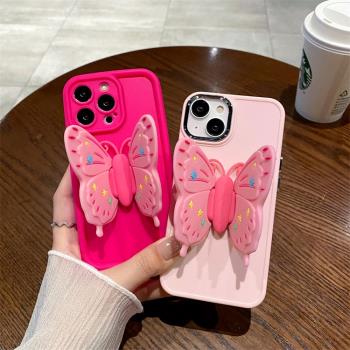 高竹適用蘋果16PRO粉色蝴蝶支架手機殼iPhone11/12天眼相框全包保護套