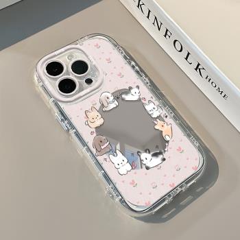 鏡面轉圈圈小動物適用iPhone16手機殼蘋果15promax可愛14卡通13/12化妝奶油鏡子11pro補妝xsmax矽膠xs/xr女