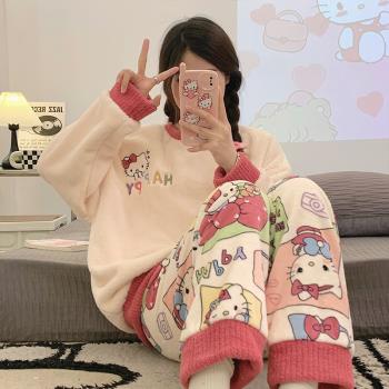 珊瑚絨睡衣女秋冬季2024年新款加厚加絨套裝可愛學生法蘭絨家居服