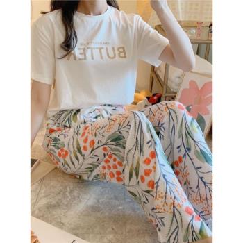 棉綢睡褲夏季女寬松大碼闊腿褲九分褲女家居可外穿人造棉褲子女士