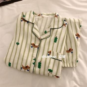 ins臘腸狗可愛睡衣女春秋季韓版卡通純棉紗布長袖網紅家居服套裝