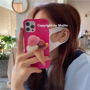 MOJITO韓國ins粉色冰淇淋支架手機殼適用iPhone15pro Max/14保護套iPhone11/12/13XR矽膠12pro軟殼