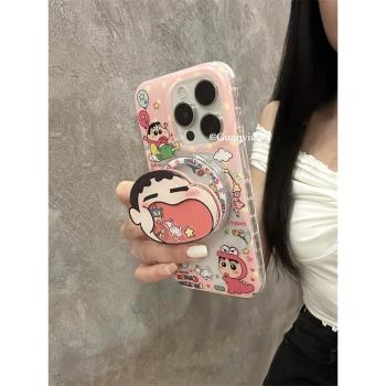guanview 趣味大嘴蠟筆小新磁吸殼適用iphone16promax蘋果14手機殼13創意滑塊支架12雙層15pro全包防摔15軟套