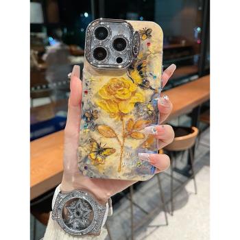 適用蘋果系列iPhone16復古手機殼15promax/14pro/13pro隱形全包鏡頭膜支架小眾ins油畫黃玫瑰女款保護套