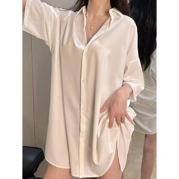 ins睡衣女夏季性感冰絲開衫睡裙韓系新款寬松涼感短袖絲綢家居服