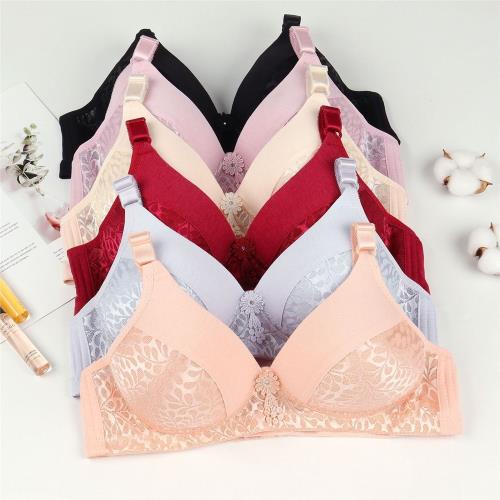 秋冬新款棉質透氣文胸中老年無鋼圈內衣提花薄棉杯聚攏媽媽胸罩女