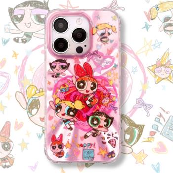 適用於蘋果16Promax飛天小女警iphone15鐳射閃粉14plus可愛13pm卡通12手繪簡單藝術矽膠邊防摔全包亞克力鏡頭