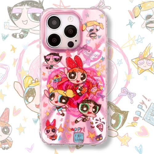 適用于蘋果17Promax飛天小女警iphone15鐳射閃粉14plus可愛13pm卡通12手繪簡單藝術硅膠邊防摔全包亞克力鏡頭