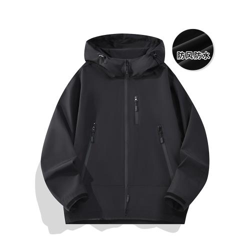 美式戶外寬松休閑加絨連帽沖鋒衣2024秋冬防風防水夾克情侶外套男