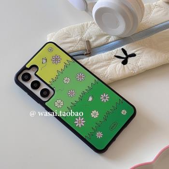 WASAI哇噻 韓國ins小眾設計綠色草叢花朵蝴蝶適用三星s23ultra手機殼s24黑邊防摔矽膠軟殼s25ultra新款s24+女